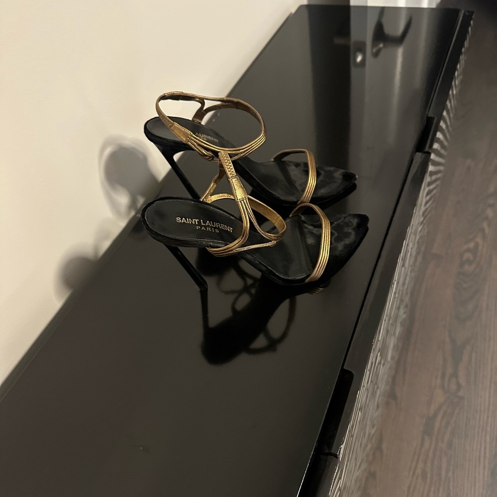 Saint Laurent Black and Gold Strappy Heels - Picture 7 of 10